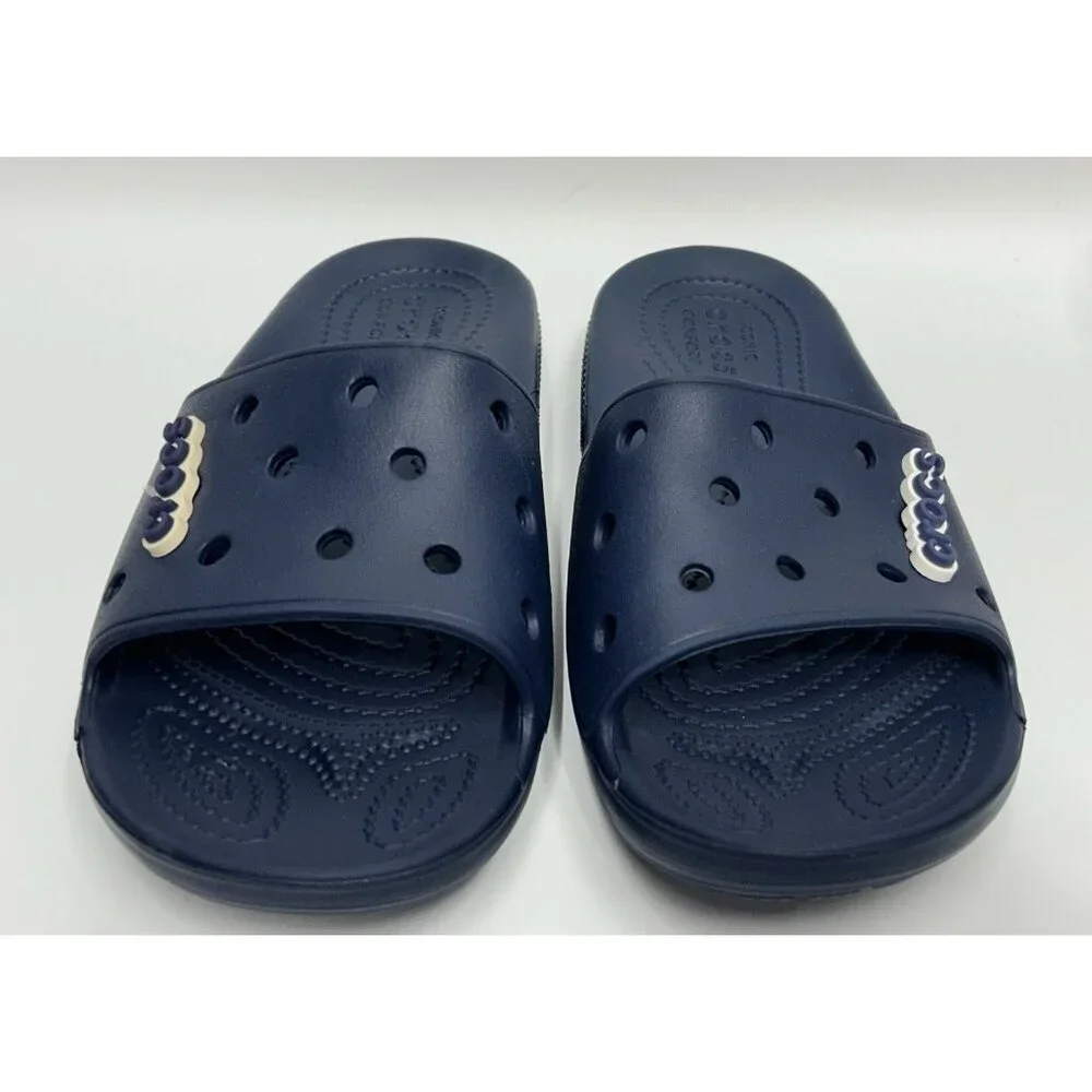 NEW Crocs Classic Slides Sandals M7/W9 Slip On Navy Blue Unisex Croc Logo Charm